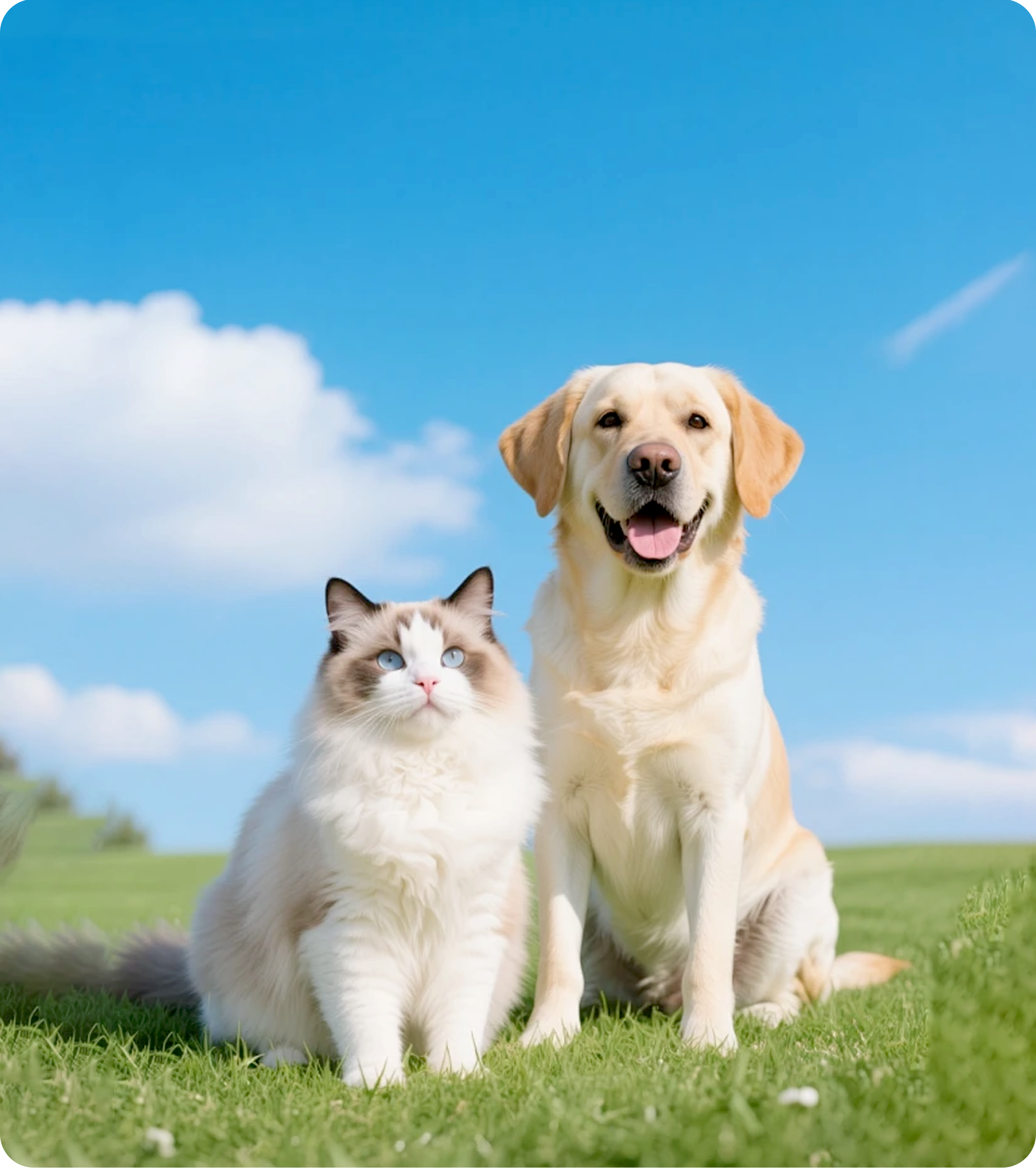 金毛犬与猫咪并排坐在草地上