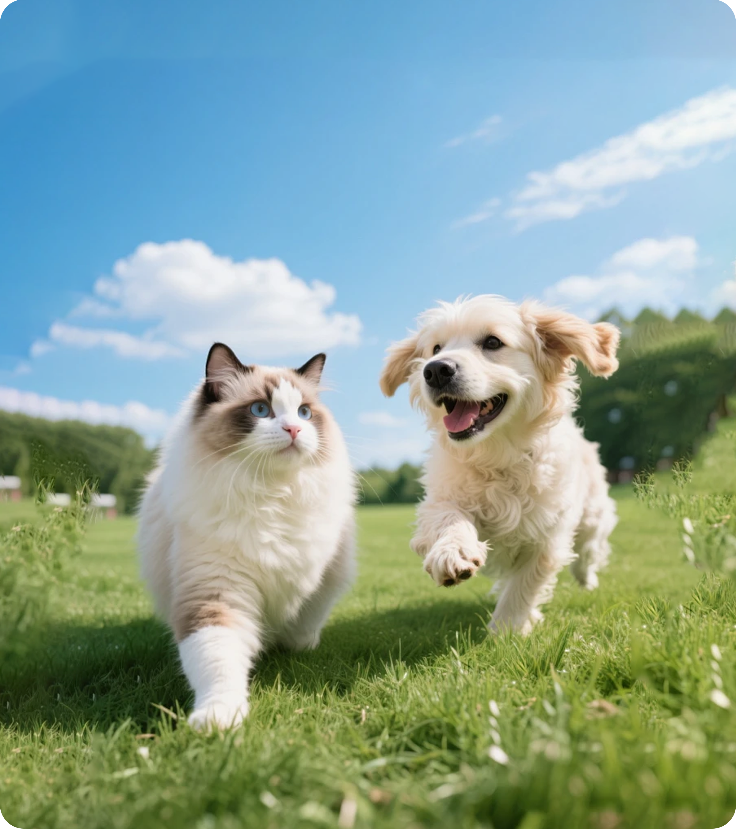 布偶猫与金毛犬在草地上互动